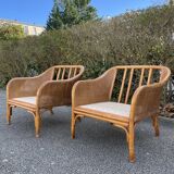 Pair of rattan and canning armchairs