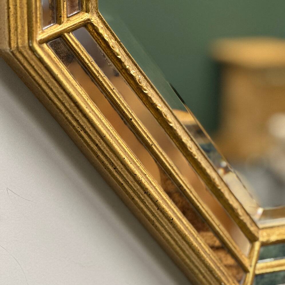 Pair gilt octagonal mirrors by Deknudt, vintage églomisé, Belgian 1970s, gold