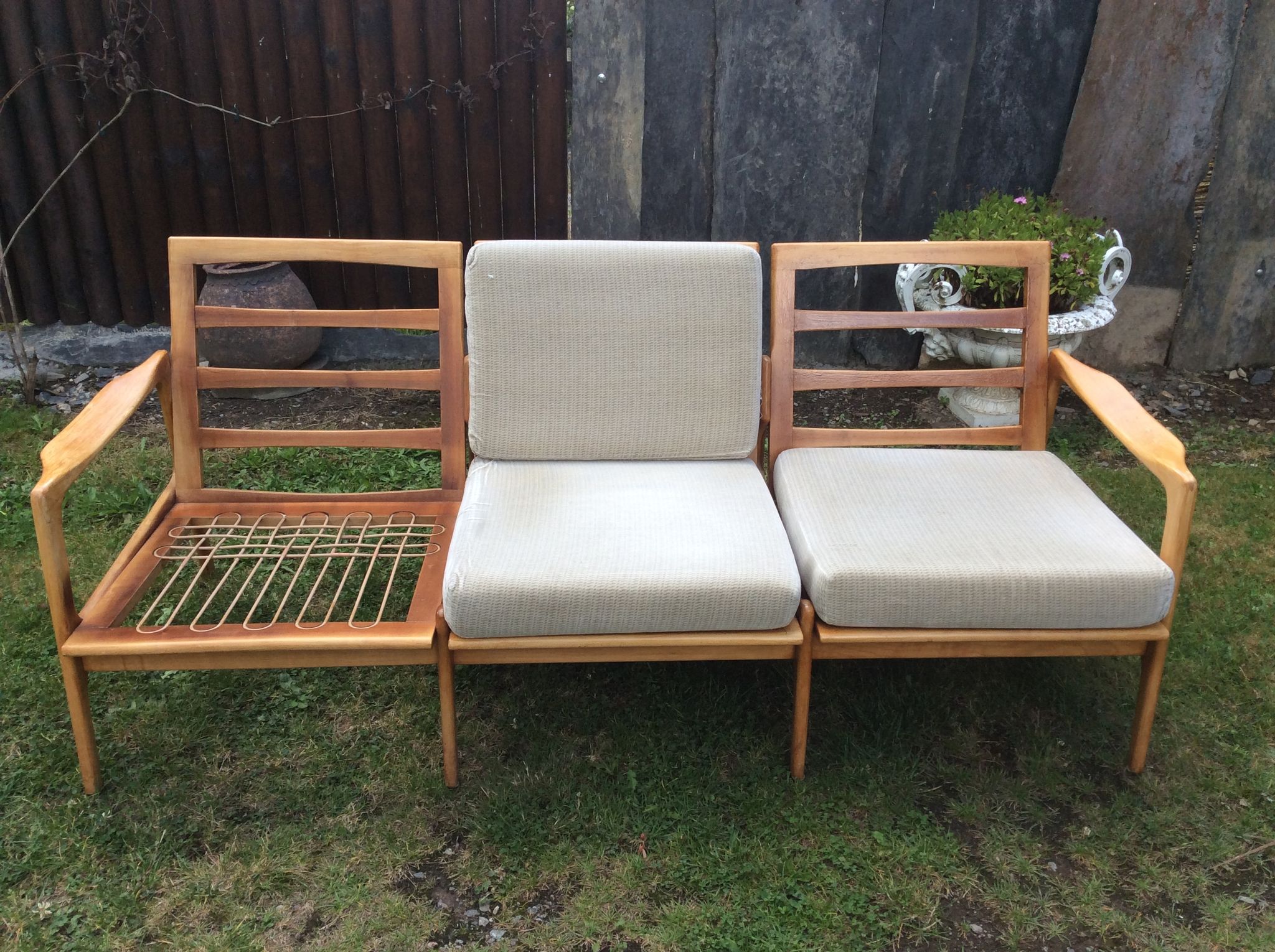 Vintage Scandinavian bench and armchairs of 4 pieces, 1 bench and 3 armchairs.