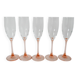 Set of 5 luminarc champagne flutes with pink feet 1970