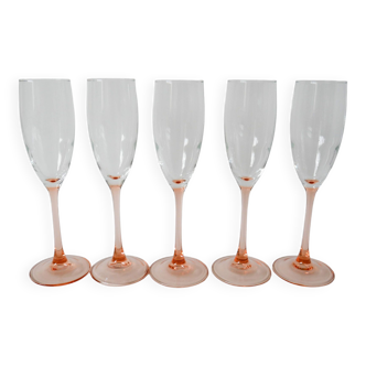 Set of 5 luminarc champagne flutes with pink feet 1970