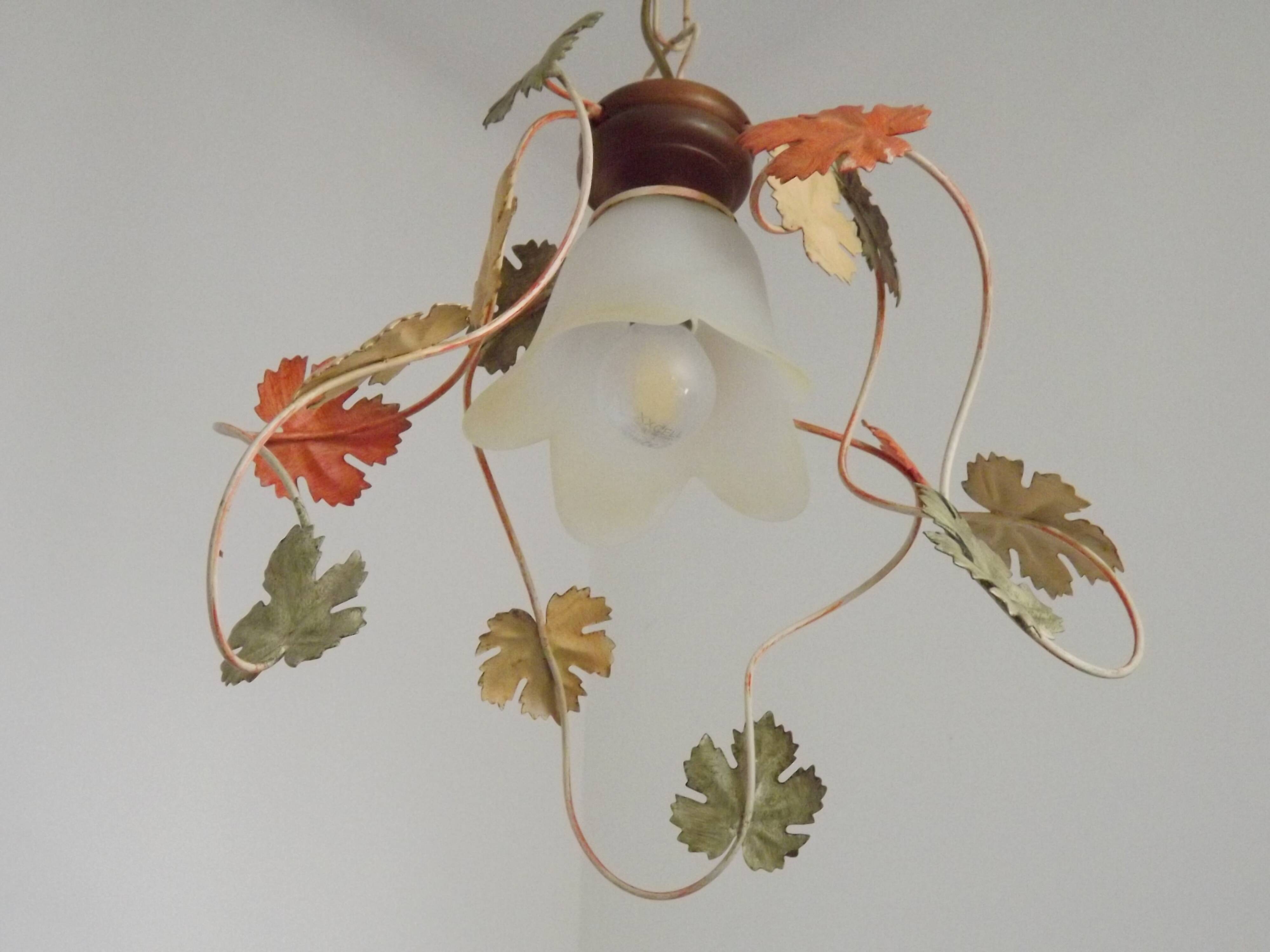 French Vintage Leaf Metal and Wood Hanging Light Textured Glass Shade