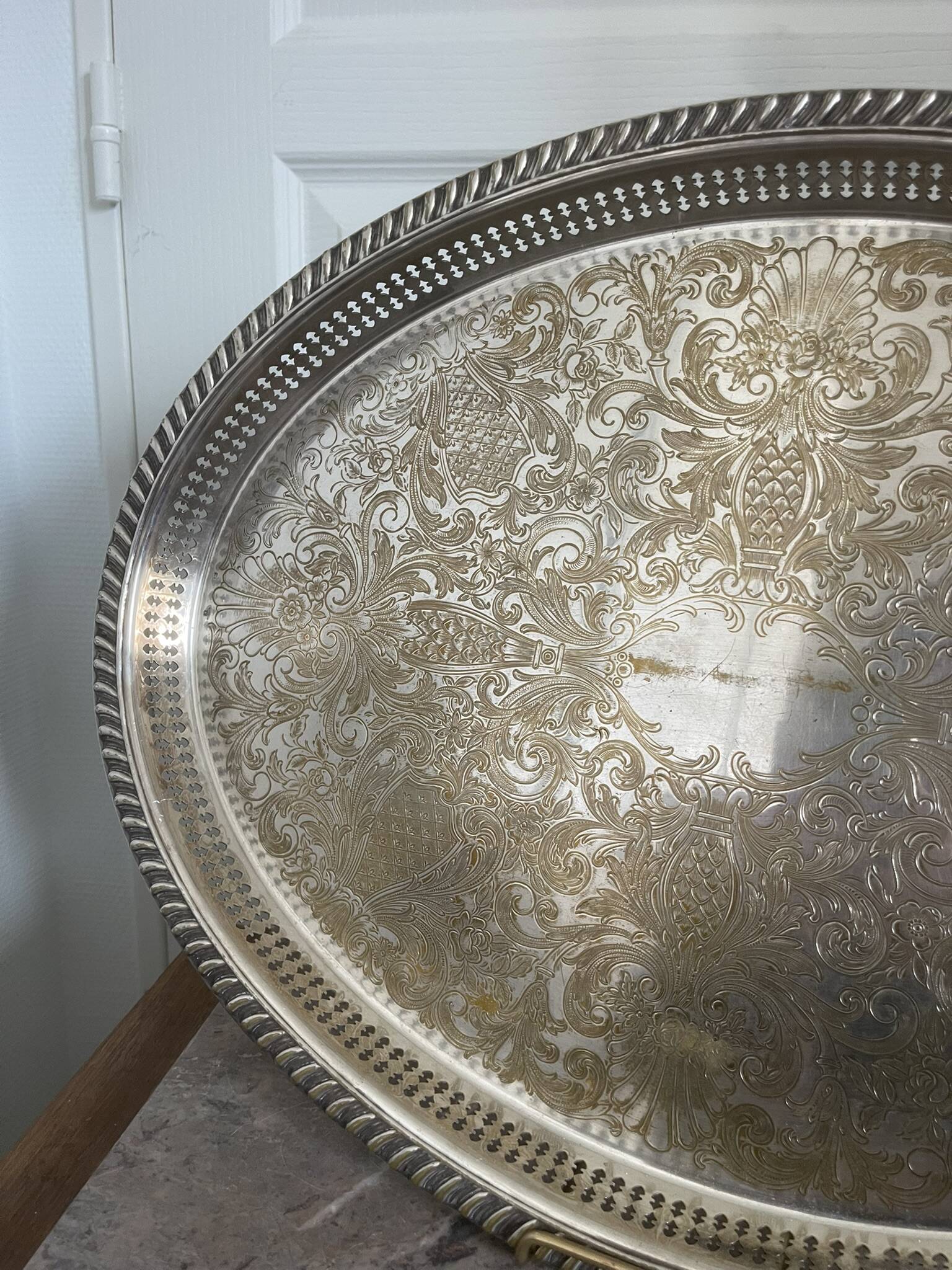 Vintage Silver Metal Tray Floral Rococo Pattern 55x40cm 1970
