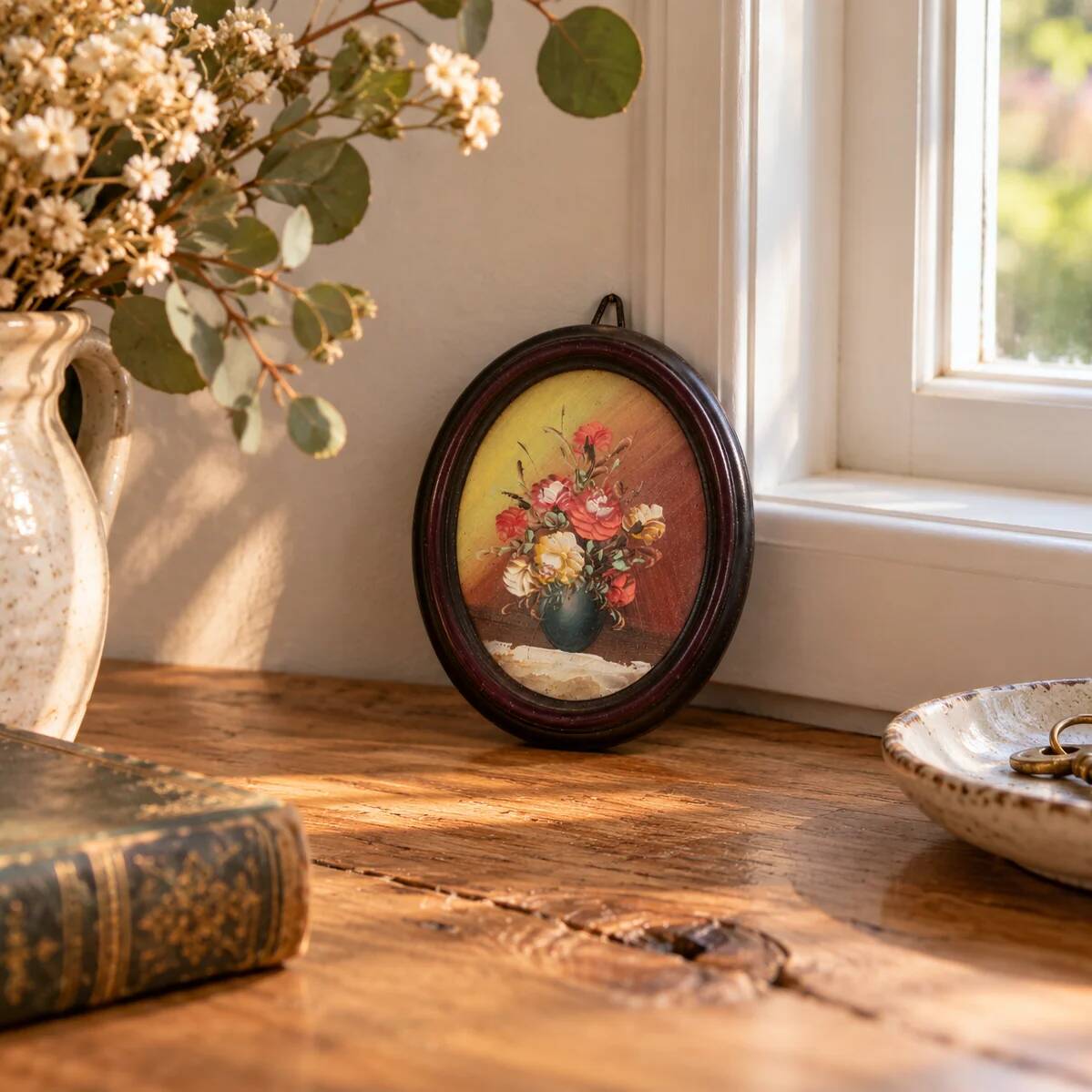 Small vintage oval painting – Raised bouquet of flowers – Retro burgundy frame