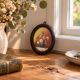 Small vintage oval painting – Raised bouquet of flowers – Retro burgundy frame