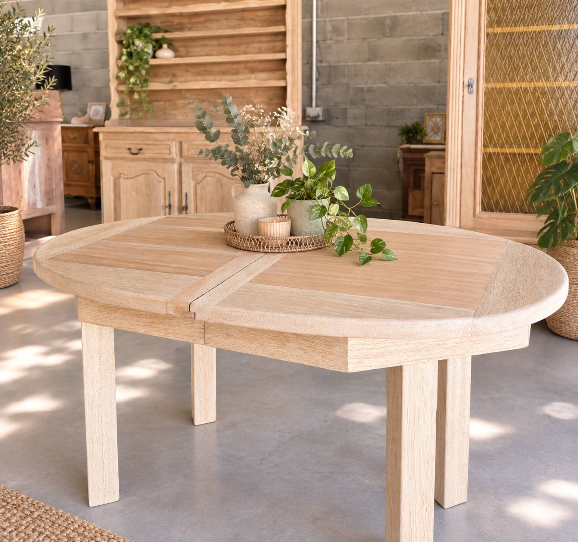 Oval wooden table – 2 extensions – sandblasted & varnished