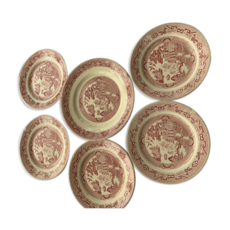 Set of 5 plates and an iron earth cake dish, willow hamage Moulin des loups art deco model