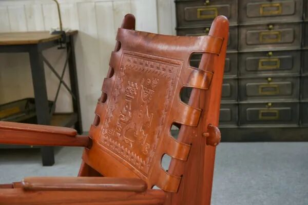 Armchair by Angel Pazmino in wood and red leather 1960's