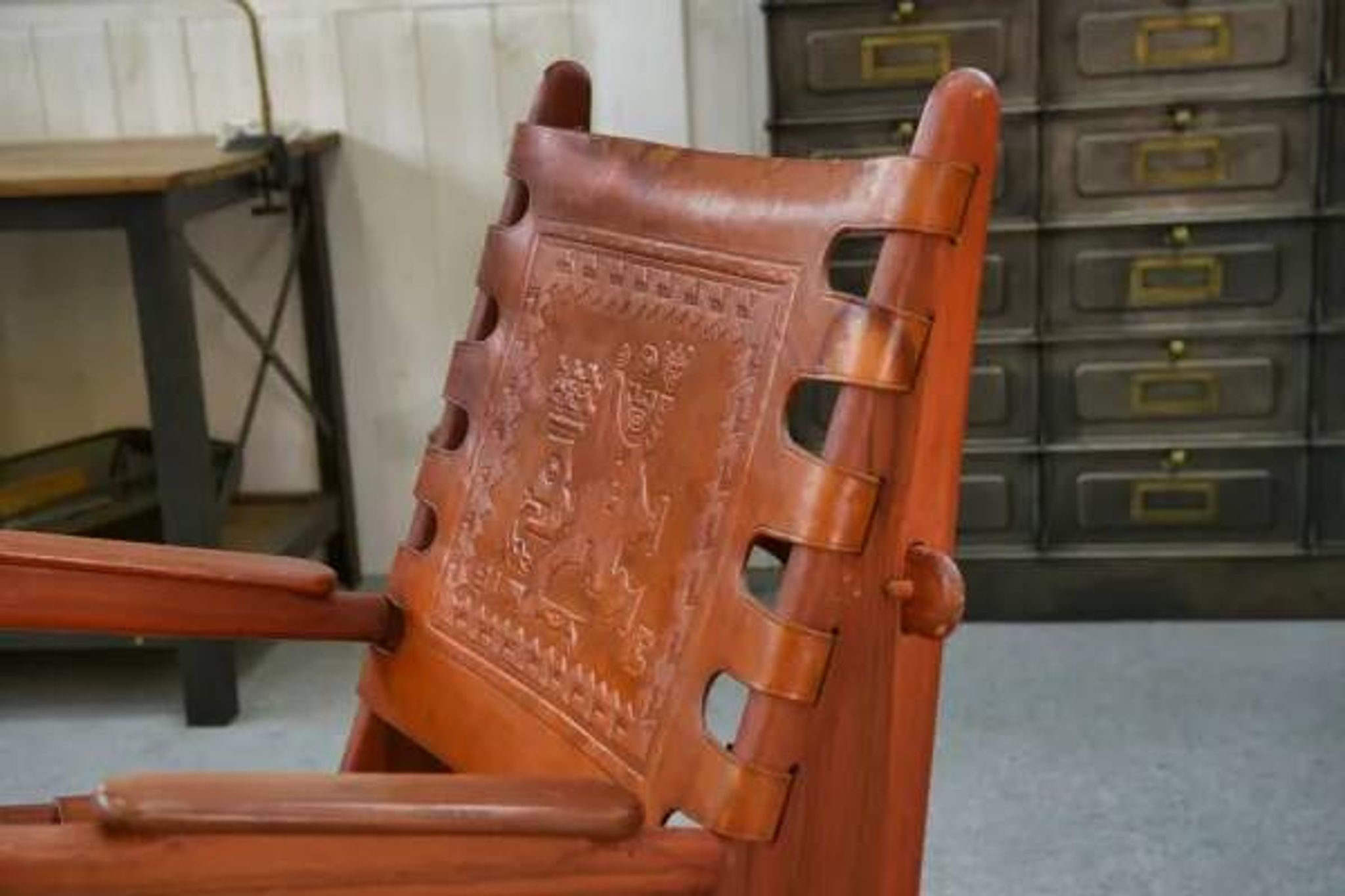 Armchair by Angel Pazmino in wood and red leather 1960's