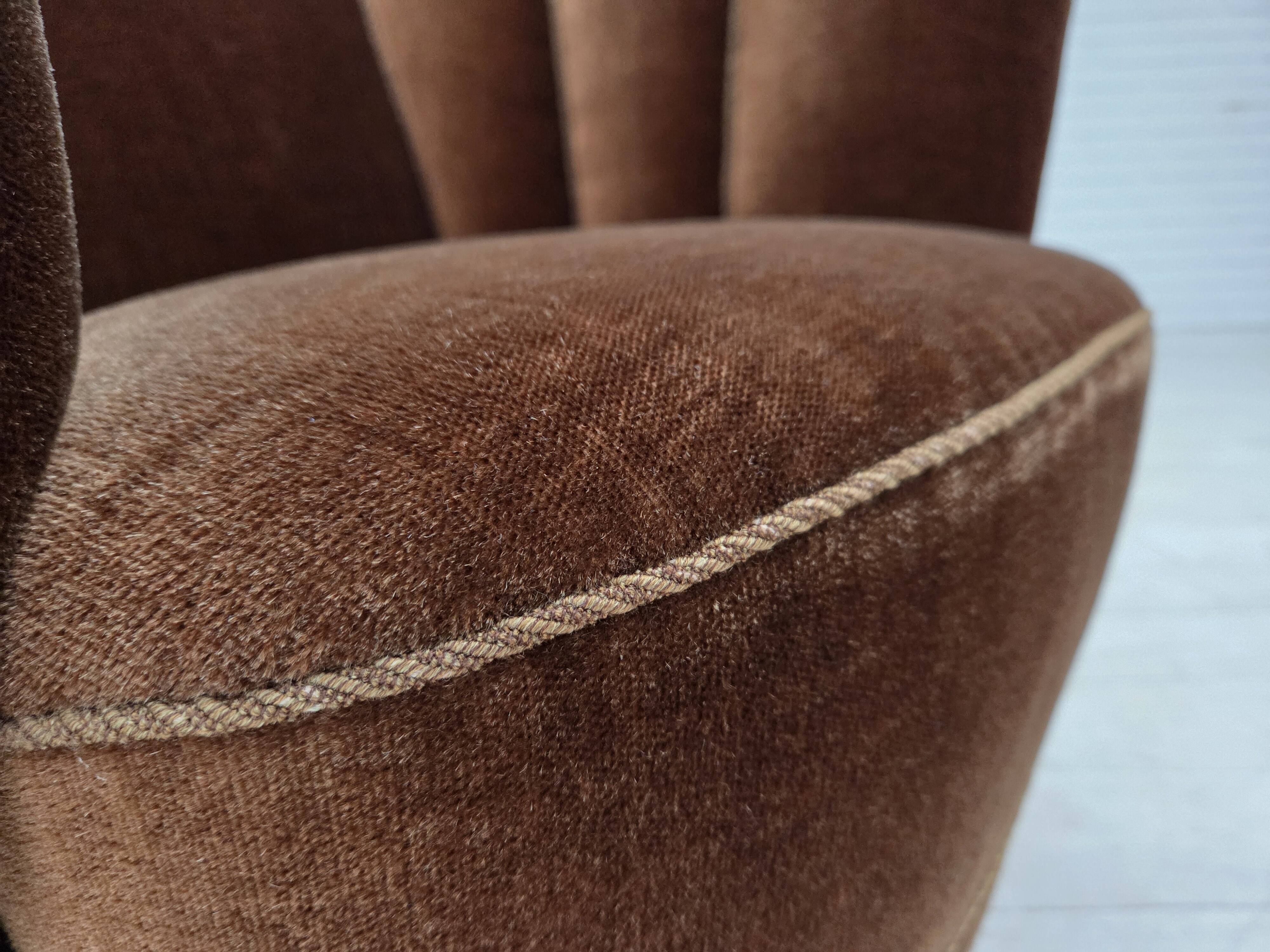 1960s, Danish curved chair, brown furniture velour.