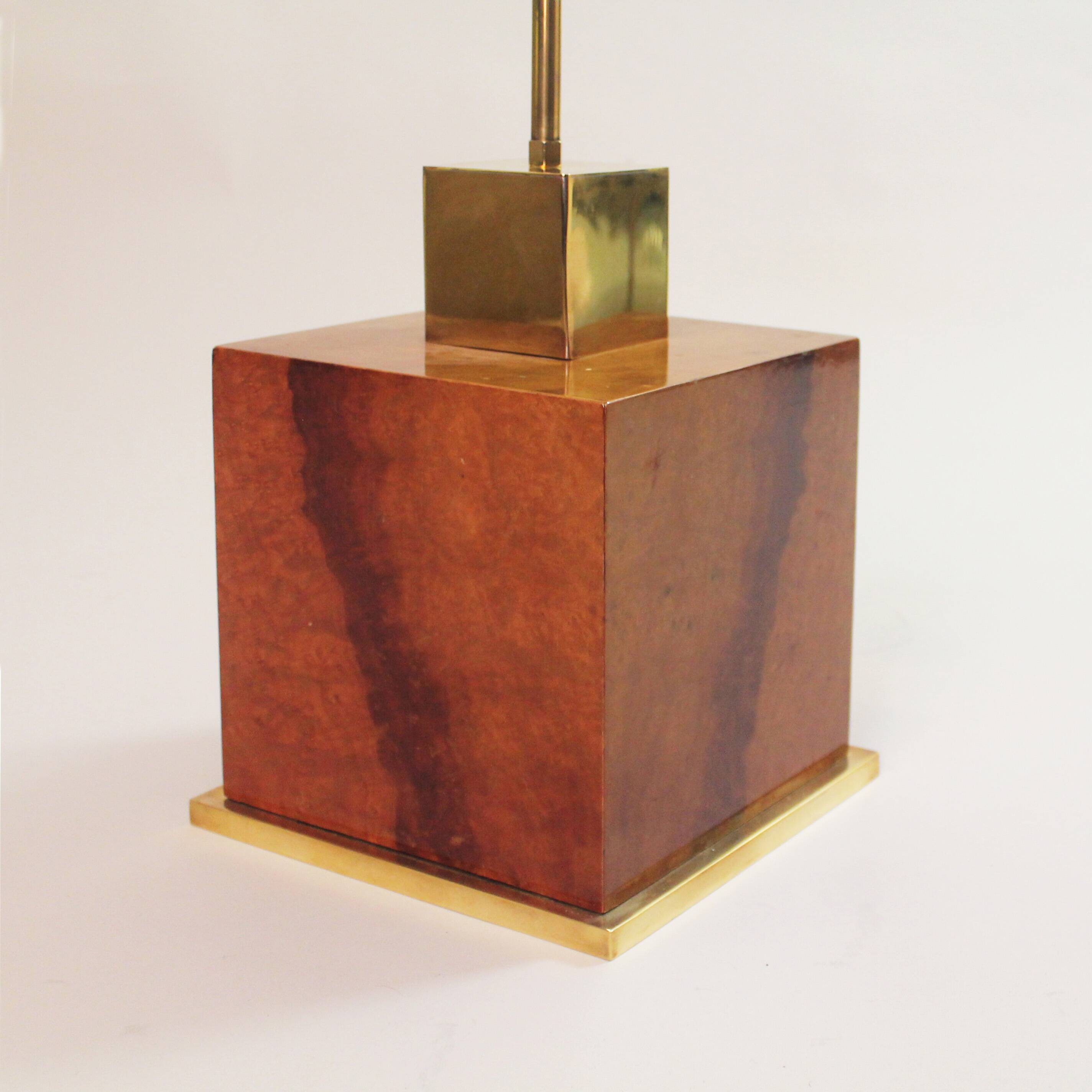 Lacquered Burl Wood Cube Table Lamp 1970s Hollywood Regency Glamour