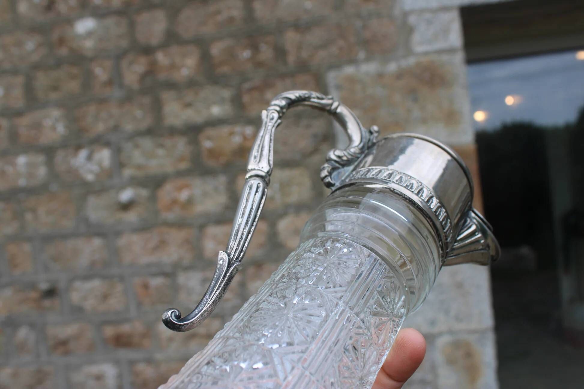 Antique pressed glass and silver-plated jug – Decorative wine pitcher H30 cm
