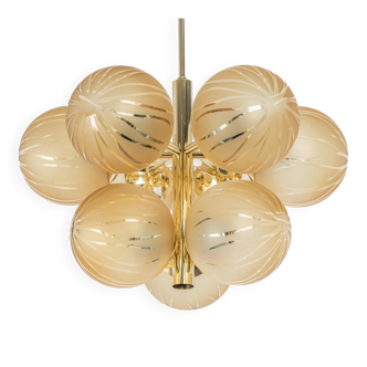 Large Sputnik chandelier in opaline and brass, Germany, 1970s.