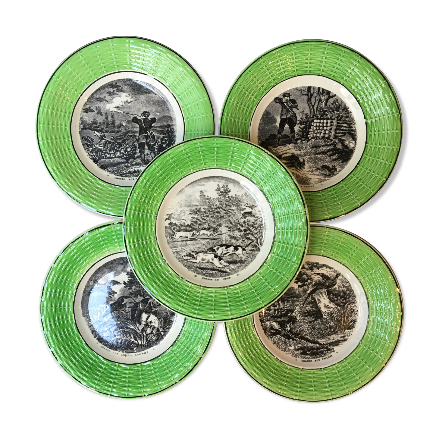 Set de 5 assiettes XIXeme thème chasse Digoin Sarreguemines