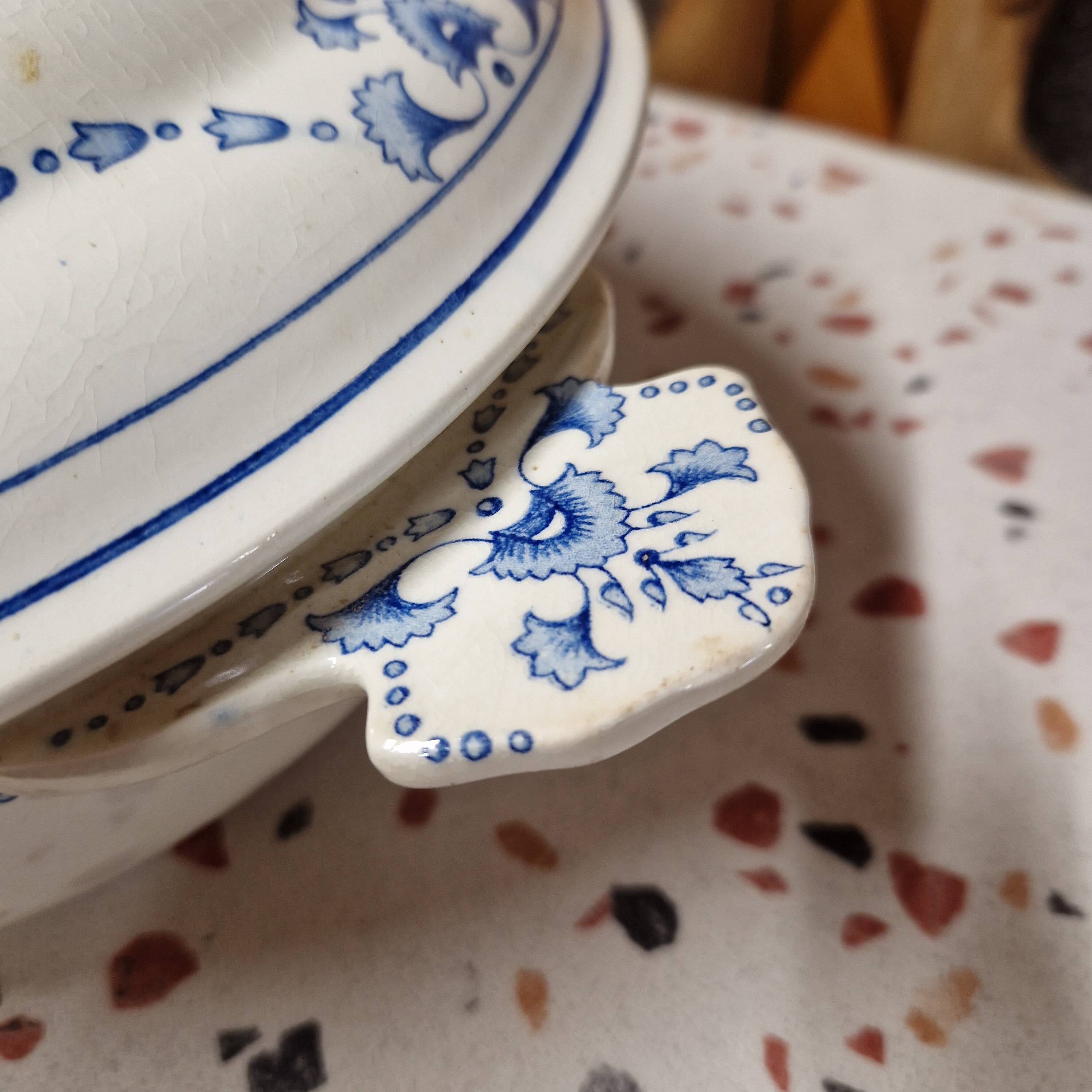 Iron earth soup tureen or vegetable dish bourgeois paris store model vieux lille blue garlands