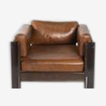 Fauteuil en cuir et palissandre Sergio Asti