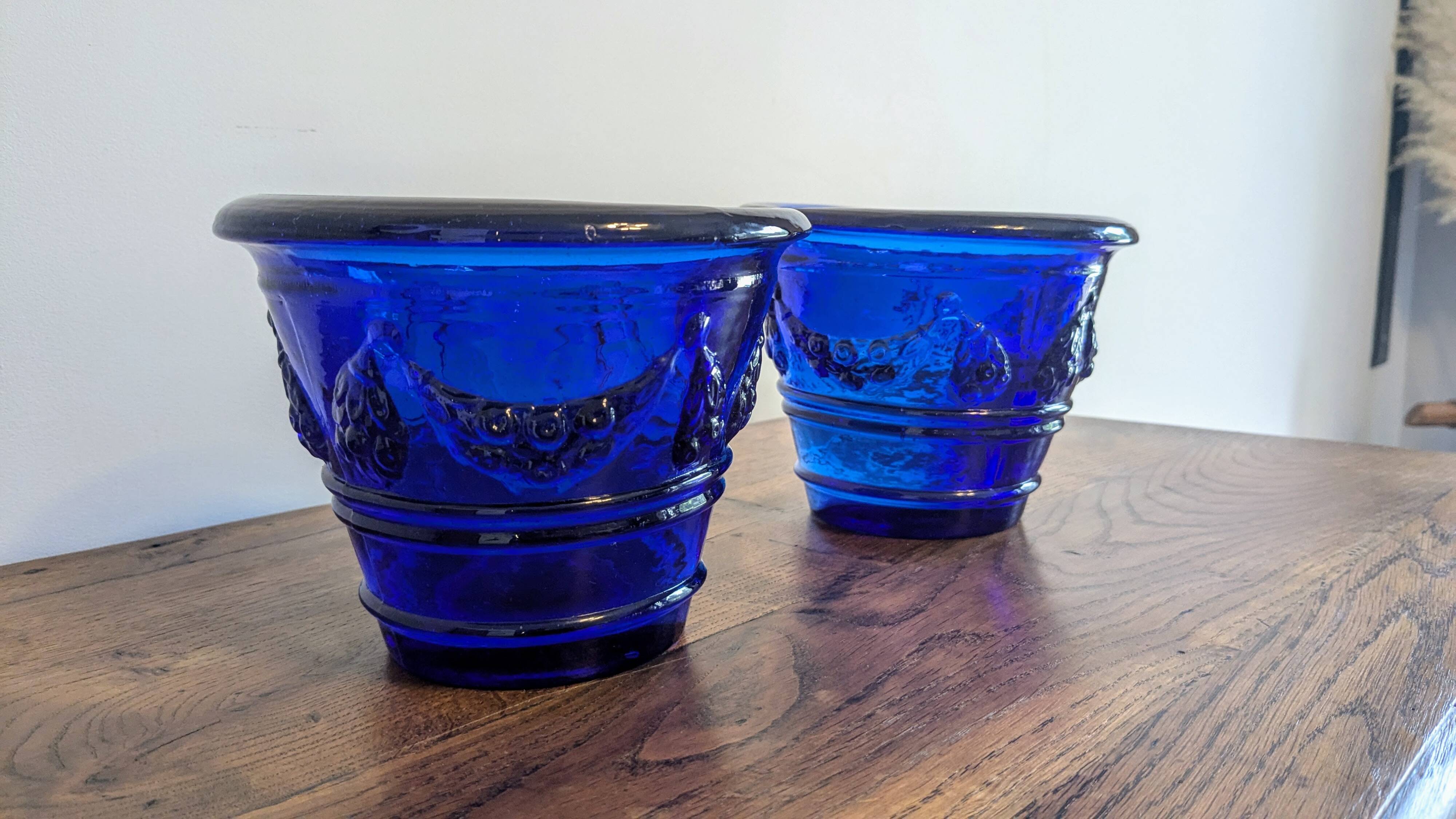 Blue Blown Glass Plant Pots – Elegant Handcrafted Pair
