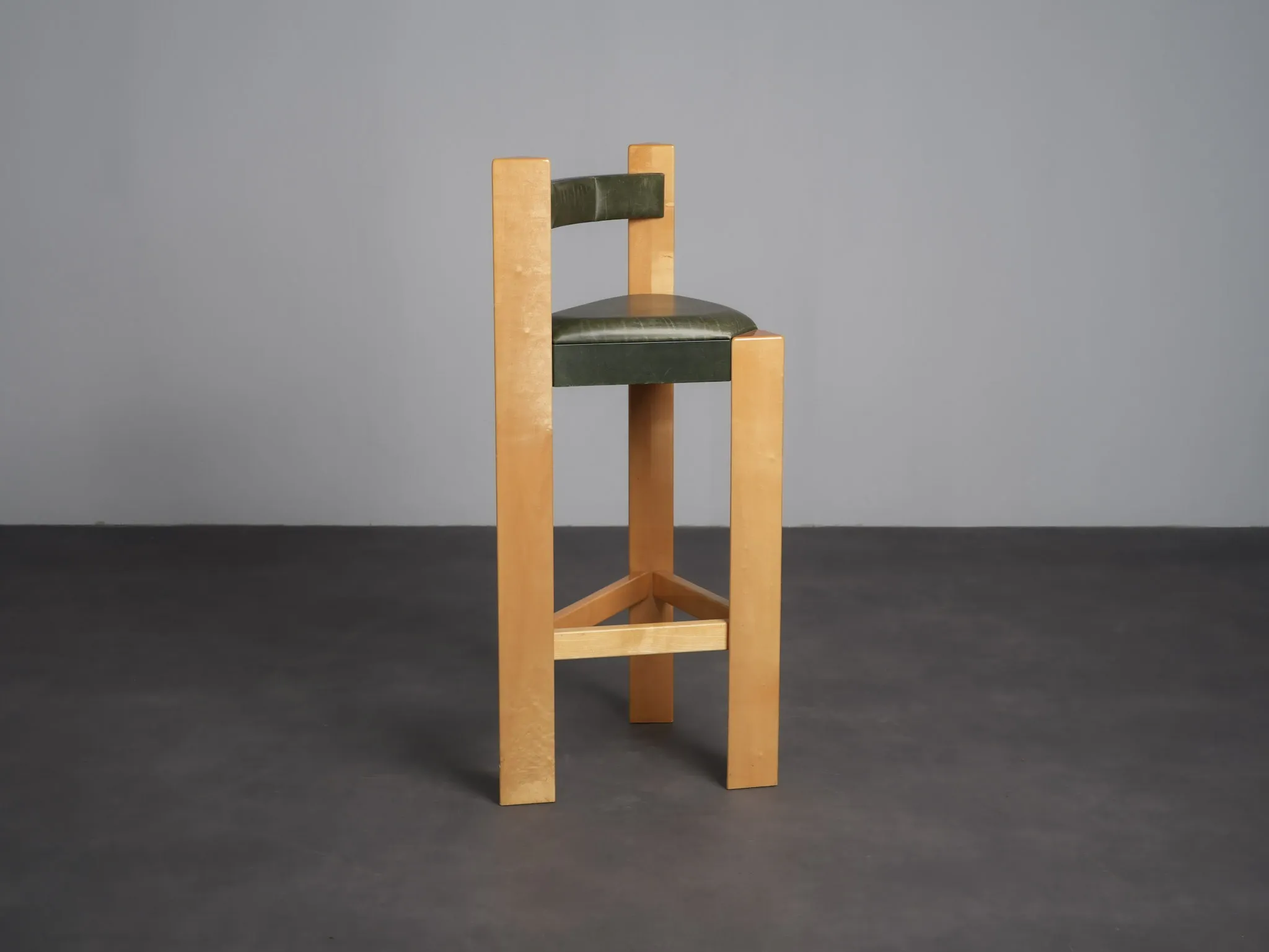 Set of 3 architectural wood and leather bar stools, Netherlands, 1990s