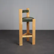 Set of 3 architectural wood and leather bar stools, Netherlands, 1990s