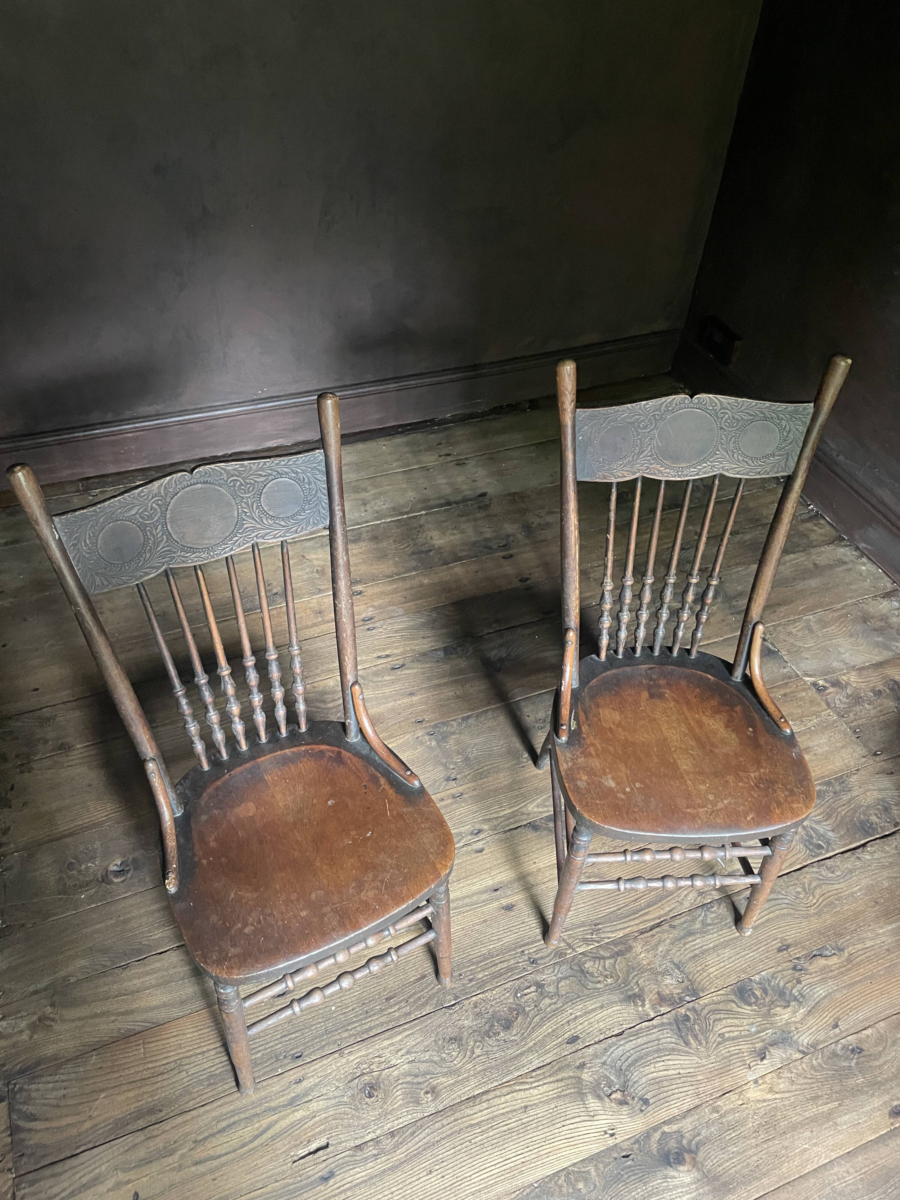 Pair of Antique Country Chairs with Carved Crest Rails | Vernacular Spindle