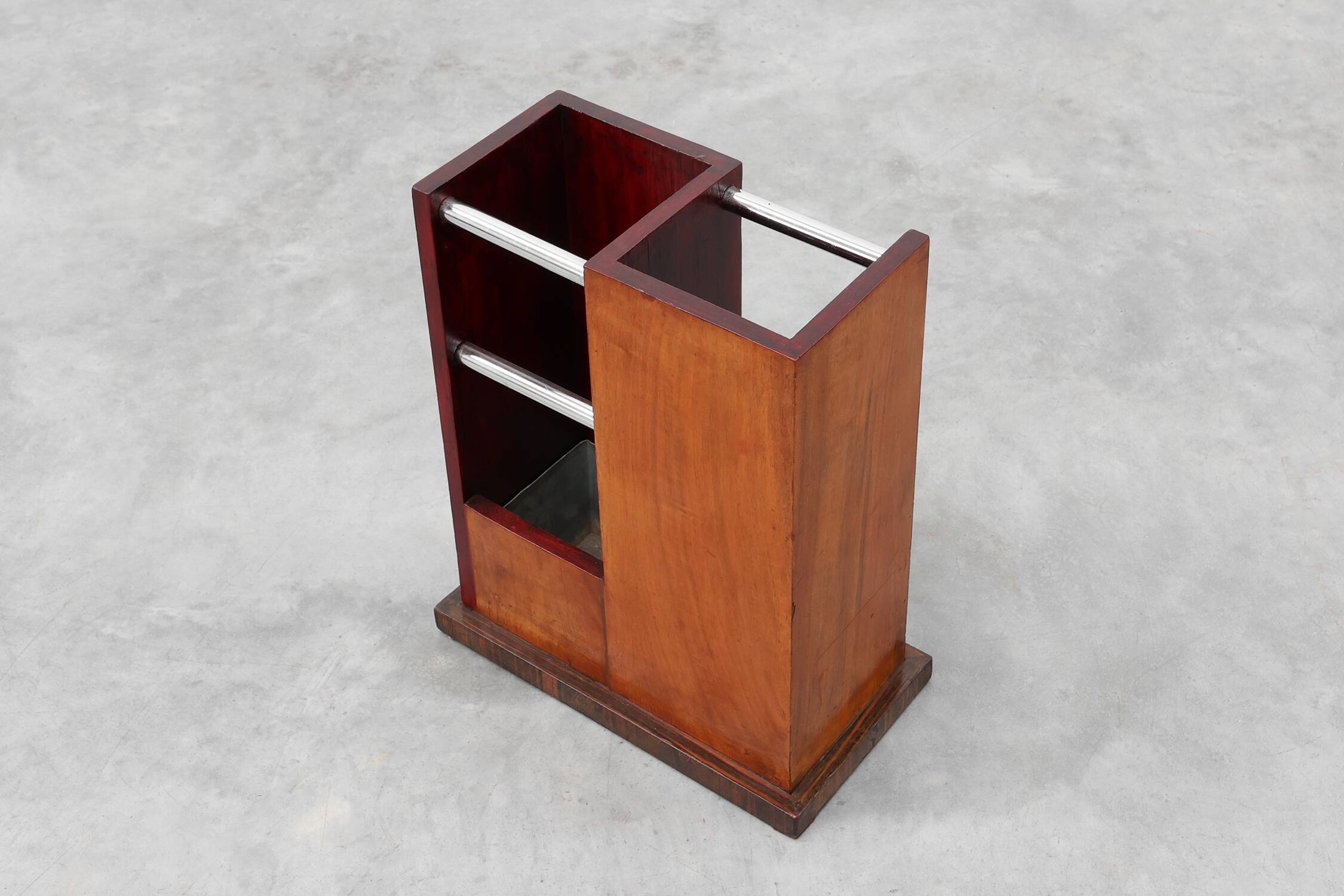 Early Art Deco umbrella stand in wood and metal, France ca. 1910