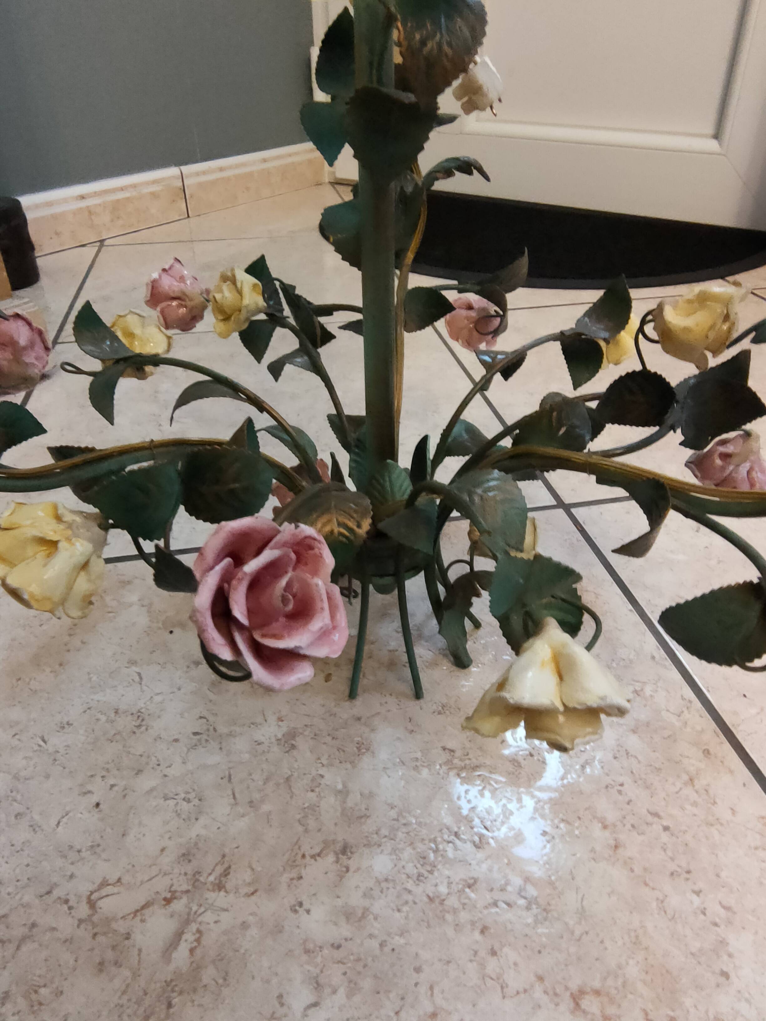 metal chandelier and porcelain flowers