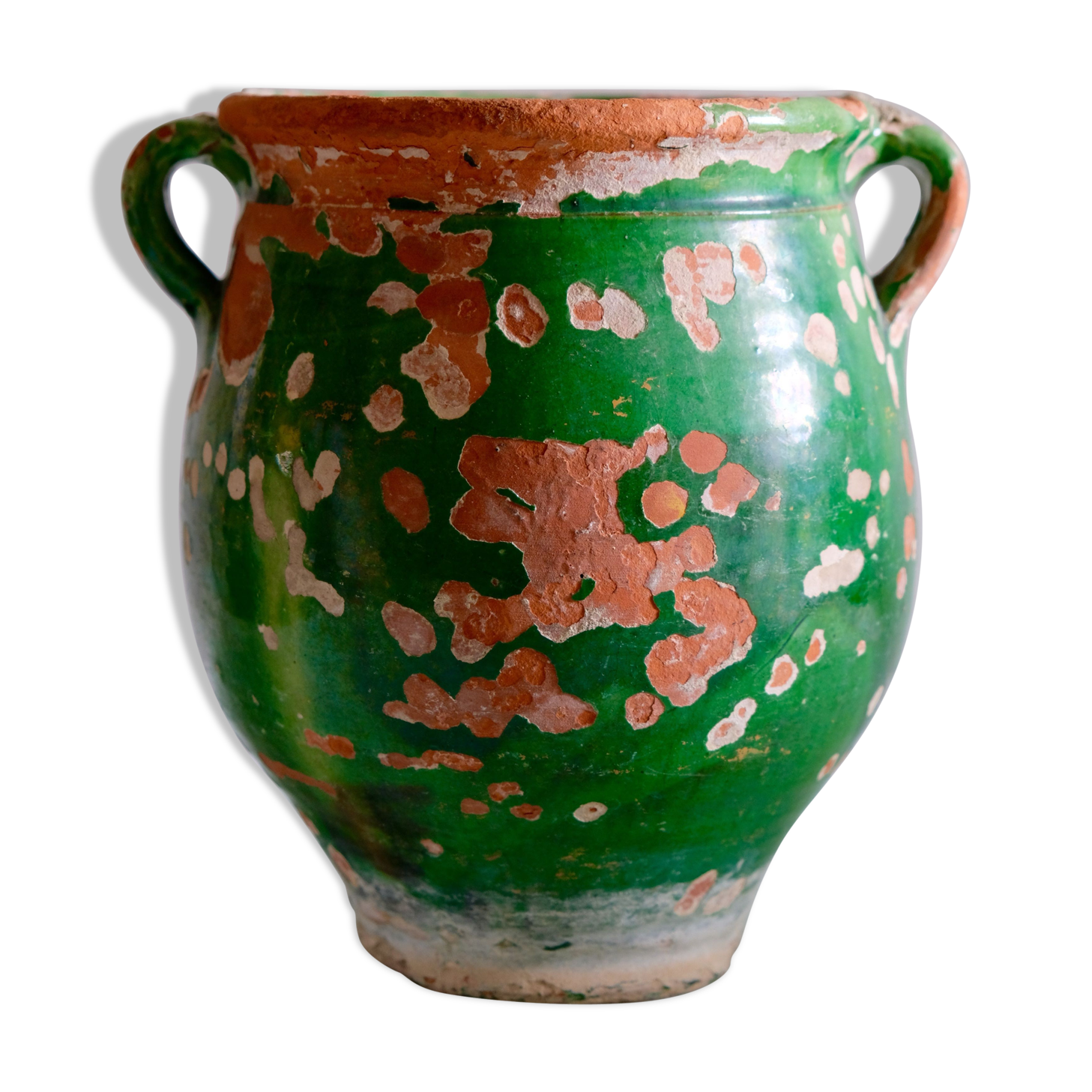Ancient jar olive in provencal glazed terracotta, glazed green of the 19th century