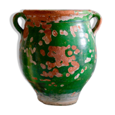 Ancient jar olive in provencal glazed terracotta, glazed green of the 19th century