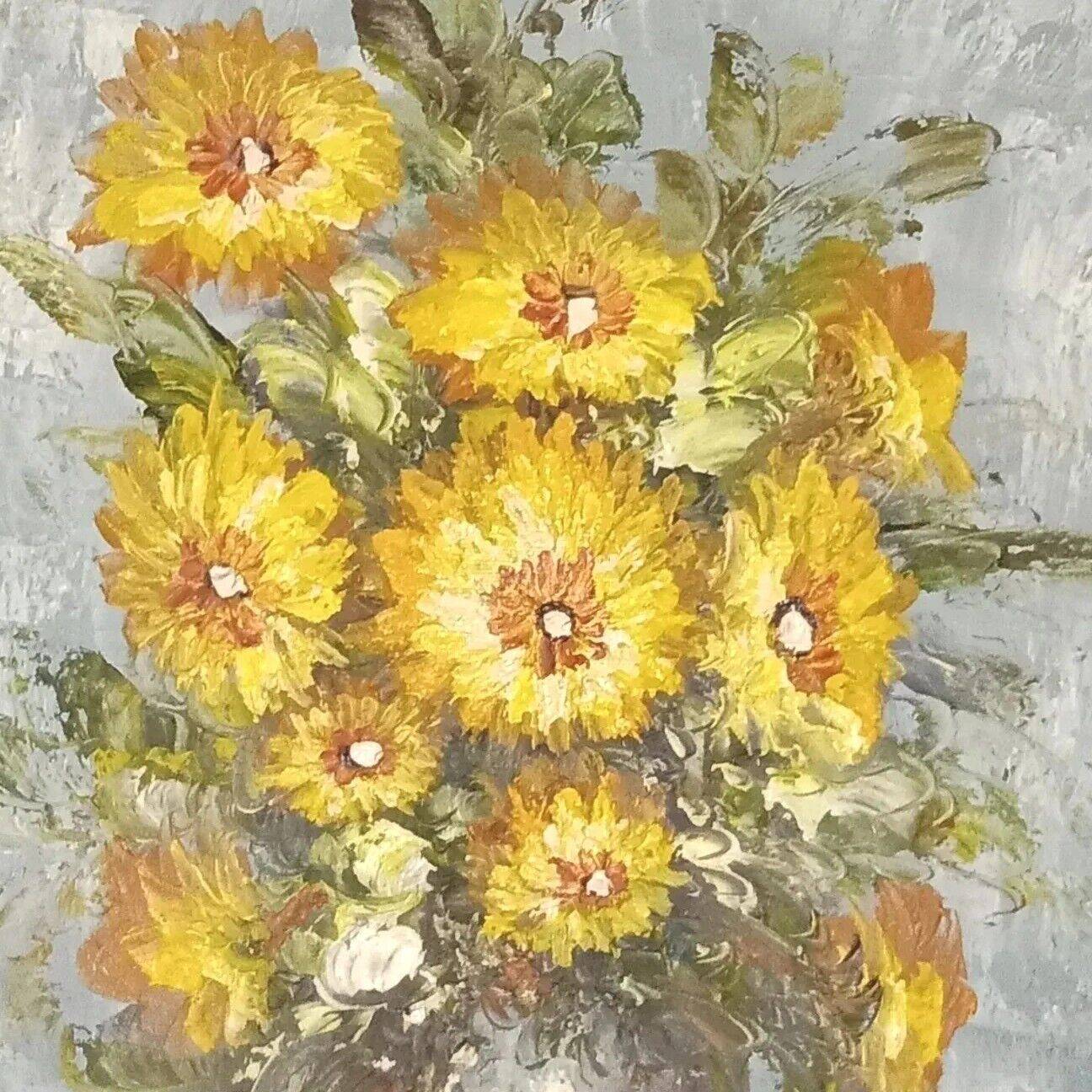 Still Life Bouquet of Yellow Flowers Oil on Canvas Signed