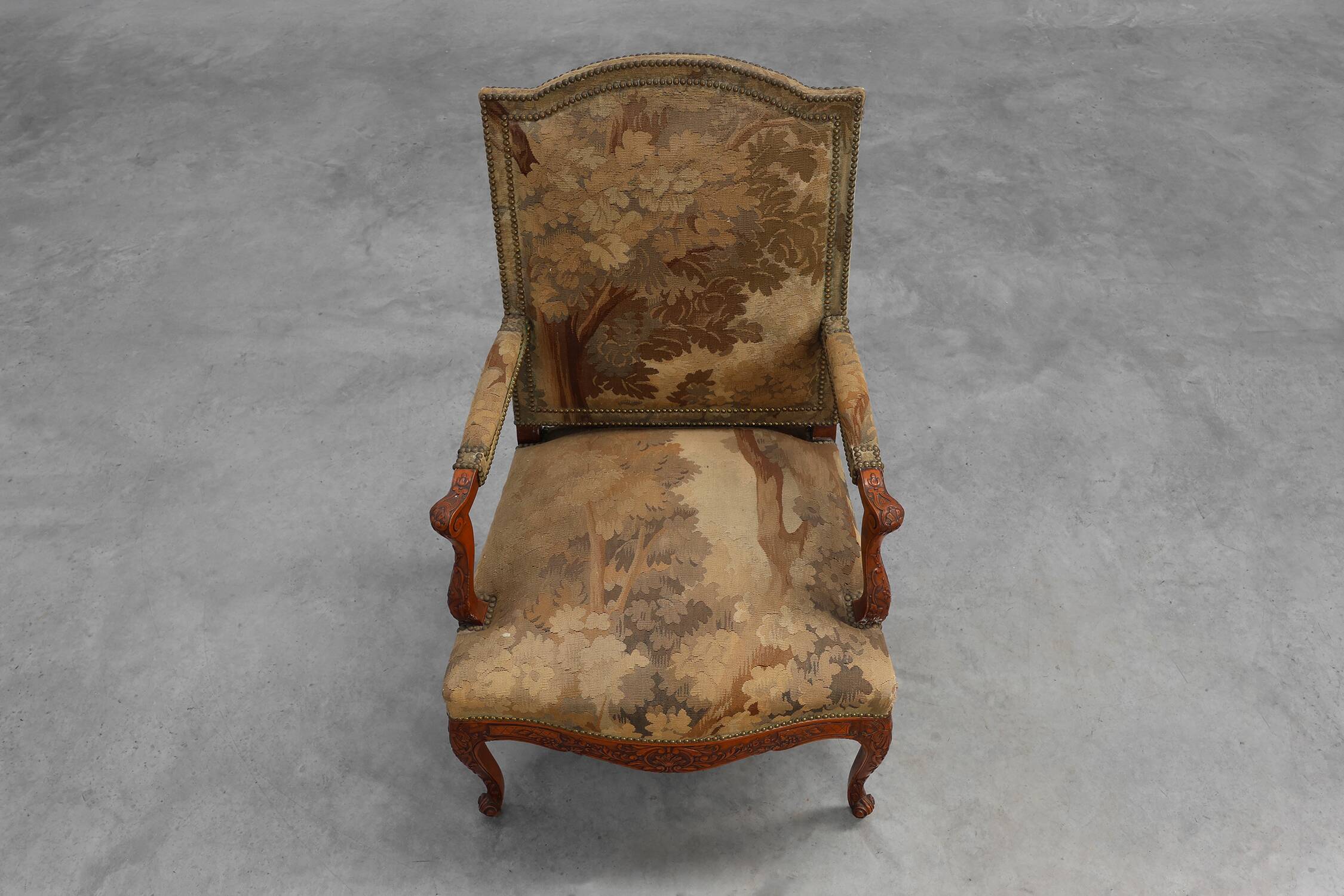 Carved Walnut Armchair with Cabriole Legs and Tapestry Upholstery, France