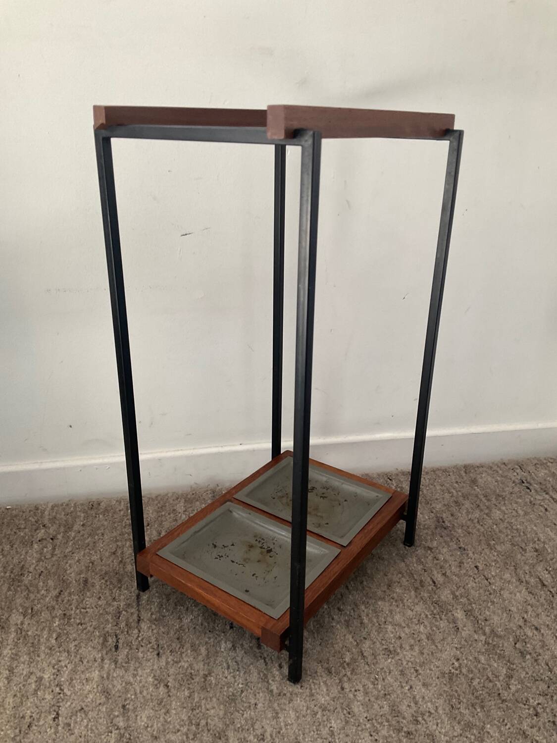 Vintage teak and metal umbrella stand