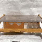 Brutalist wabi sabi slated coffee table with leather magazine holder