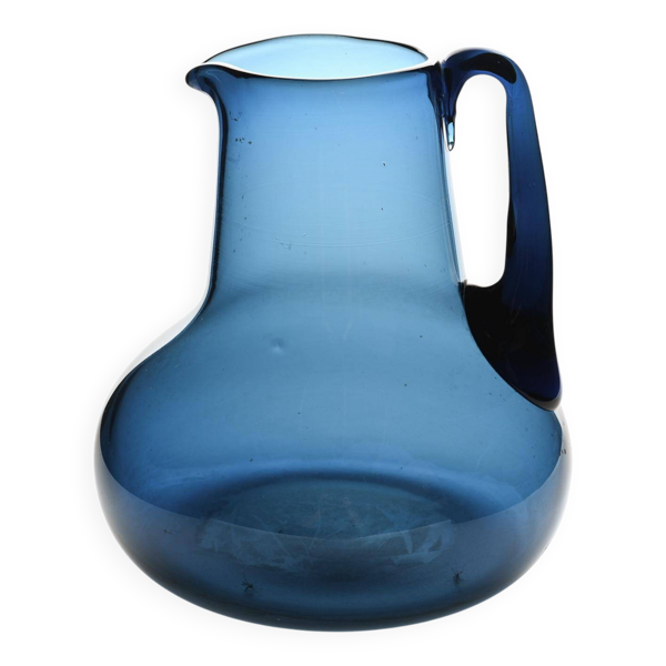 Cruche en verre soufflé bleu par Claude Morin, Dieulefit circa 1975