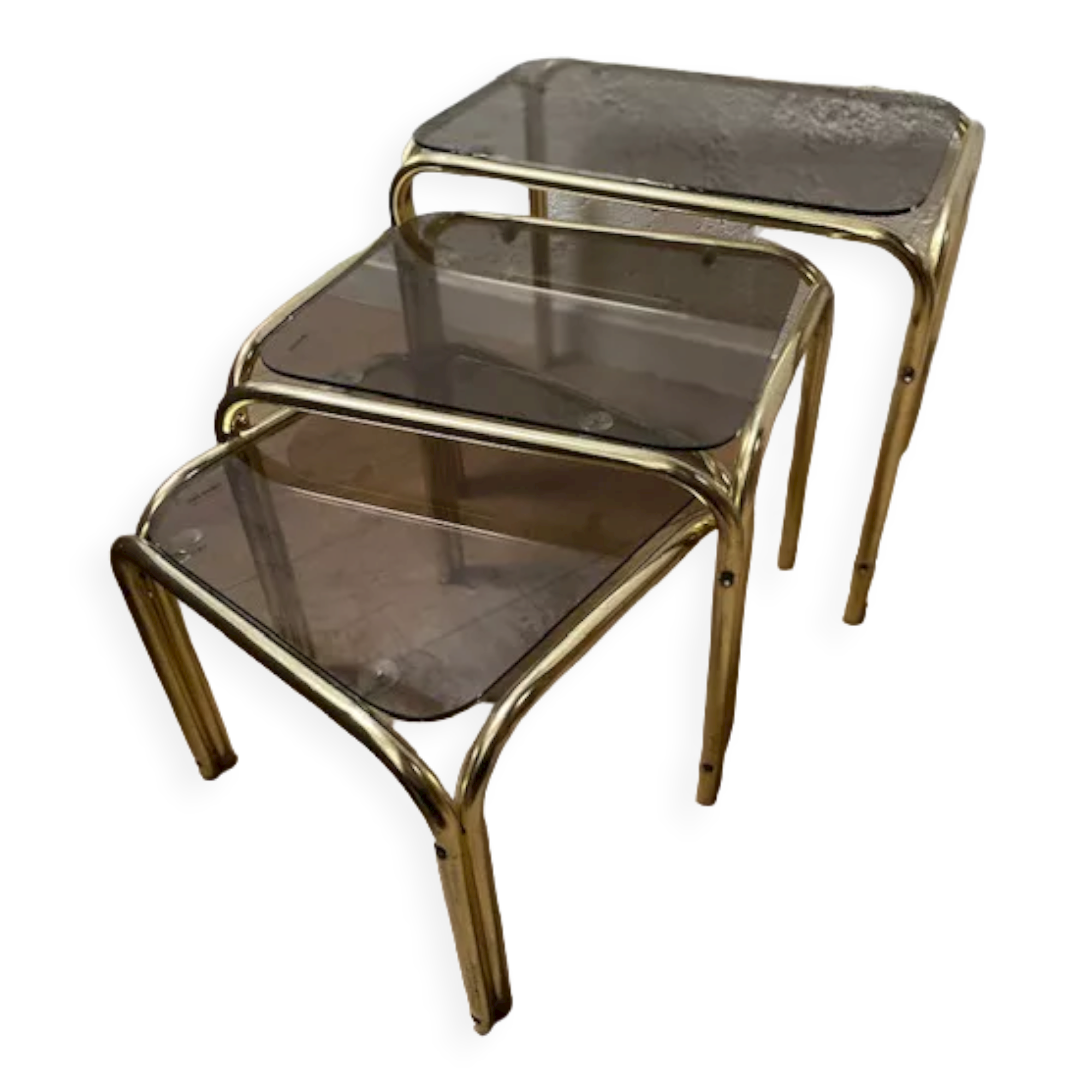 Series of 3 nesting tables in smoked glass & gilded brass