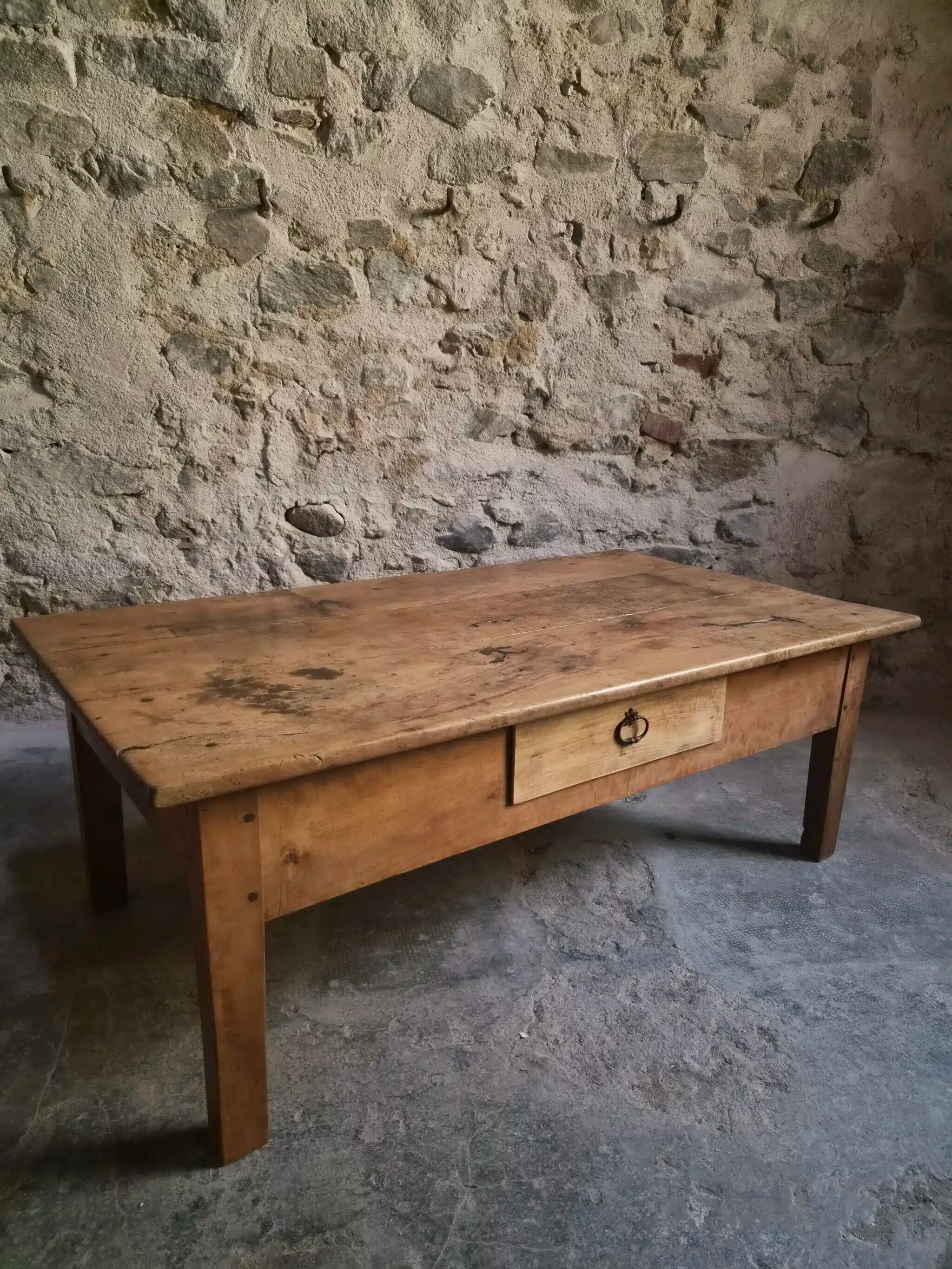 Antique cherry coffee table, rustic farmhouse table with drawer, circa 1750–1800.