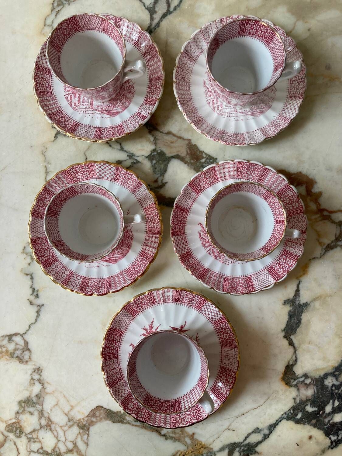Set of 5 Lunéville “K and G” cups and saucers