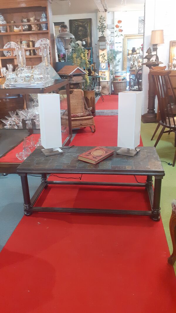 Table basse plateau carreau pierre nature pieds acier art deco