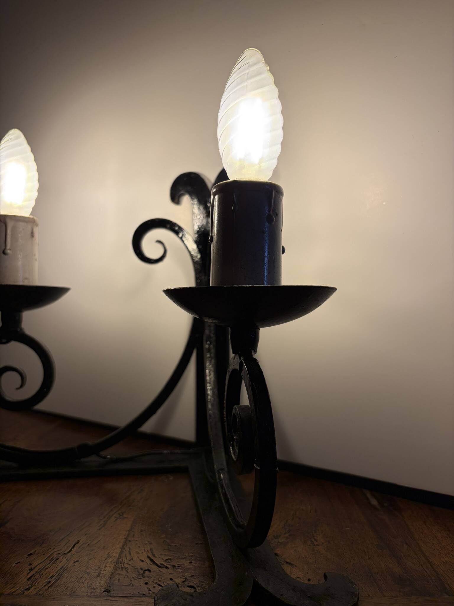 Vintage black wrought iron wall sconce with 2 lights – 1950s/60s
