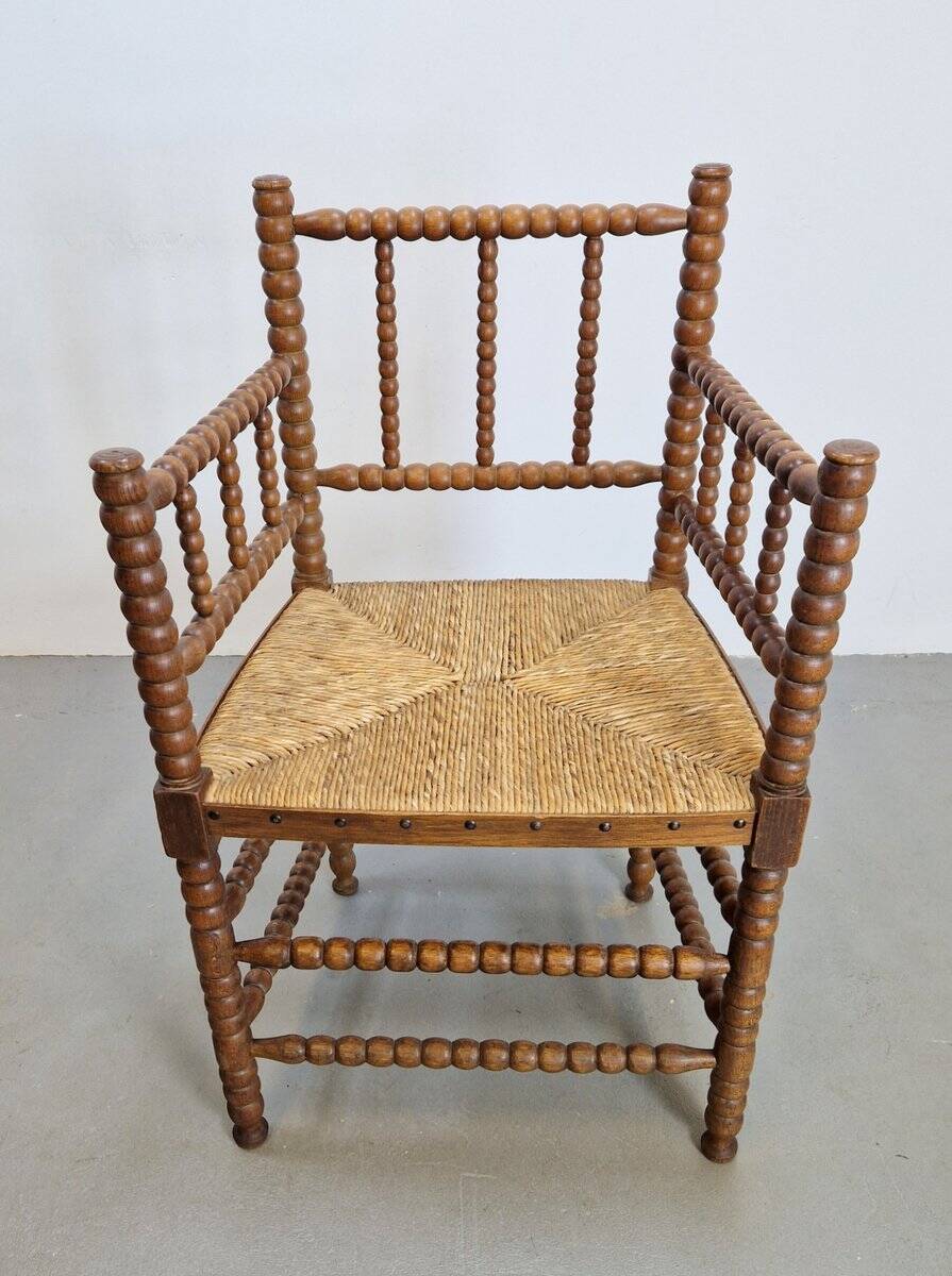 Mid-Century Arts and Craft Oak Bobbin Chair with Rush Seat, 1930s