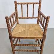 Mid-Century Arts and Craft Oak Bobbin Chair with Rush Seat, 1930s