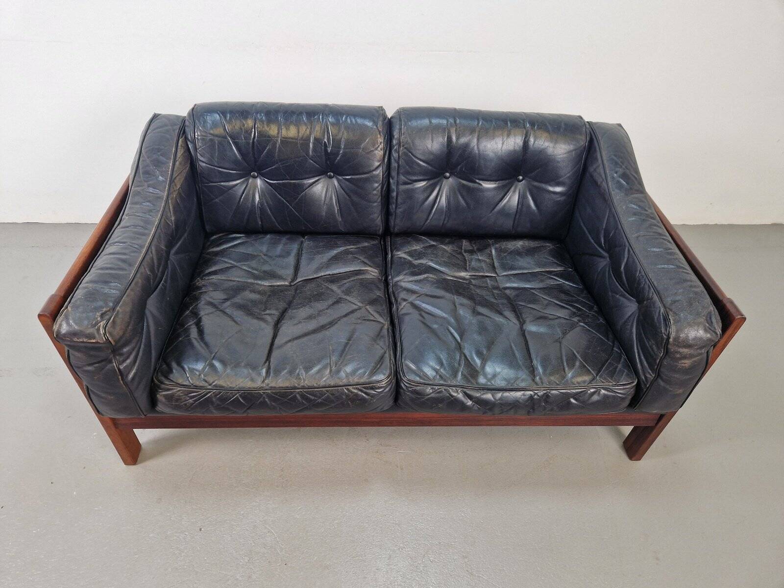 Mid-Century Modern Scandinavian Monte Carlo Sofa in Black Leather and Wood by Ingvar Stockum, 1965