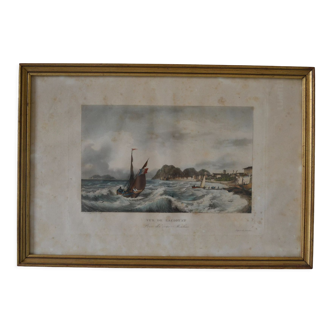 Vue de la ciotat gravure marinea l'aquatinte circa 1830,  a l garneray (1783 1857)