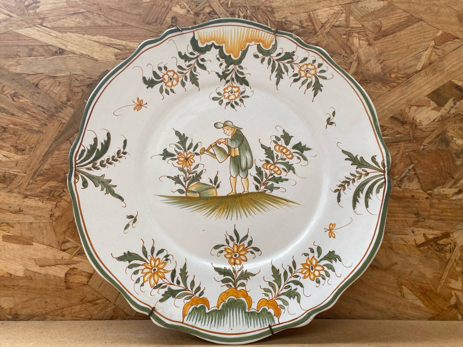 Ancienne Assiette MOUSTIERS Céramique Décor Vert & Orange Vintage #B195