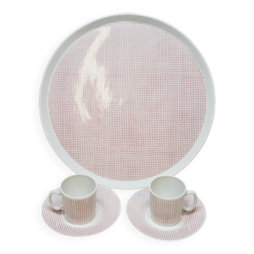 Plat à tarte, 2 tasses en porcelaine Vichy Philippe Deshoulières Lourioux