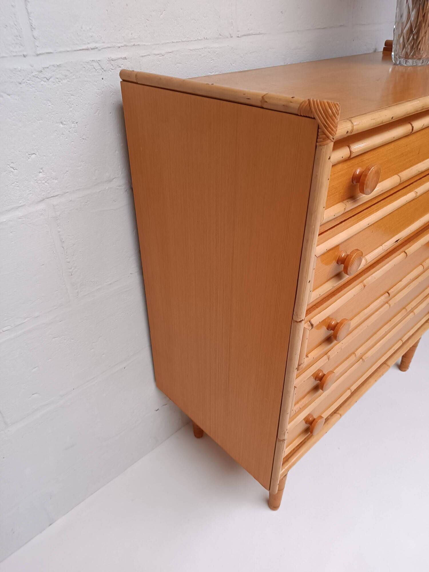 Bamboo and rattan wood chest of drawers from the 60s