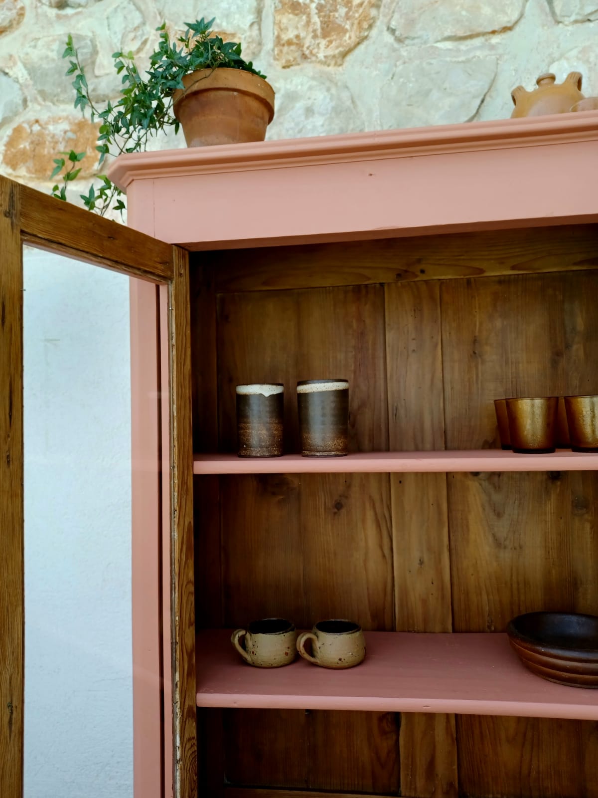 Antique showcase, cupboard, glass cabinet, wood and terracotta, Parisian format