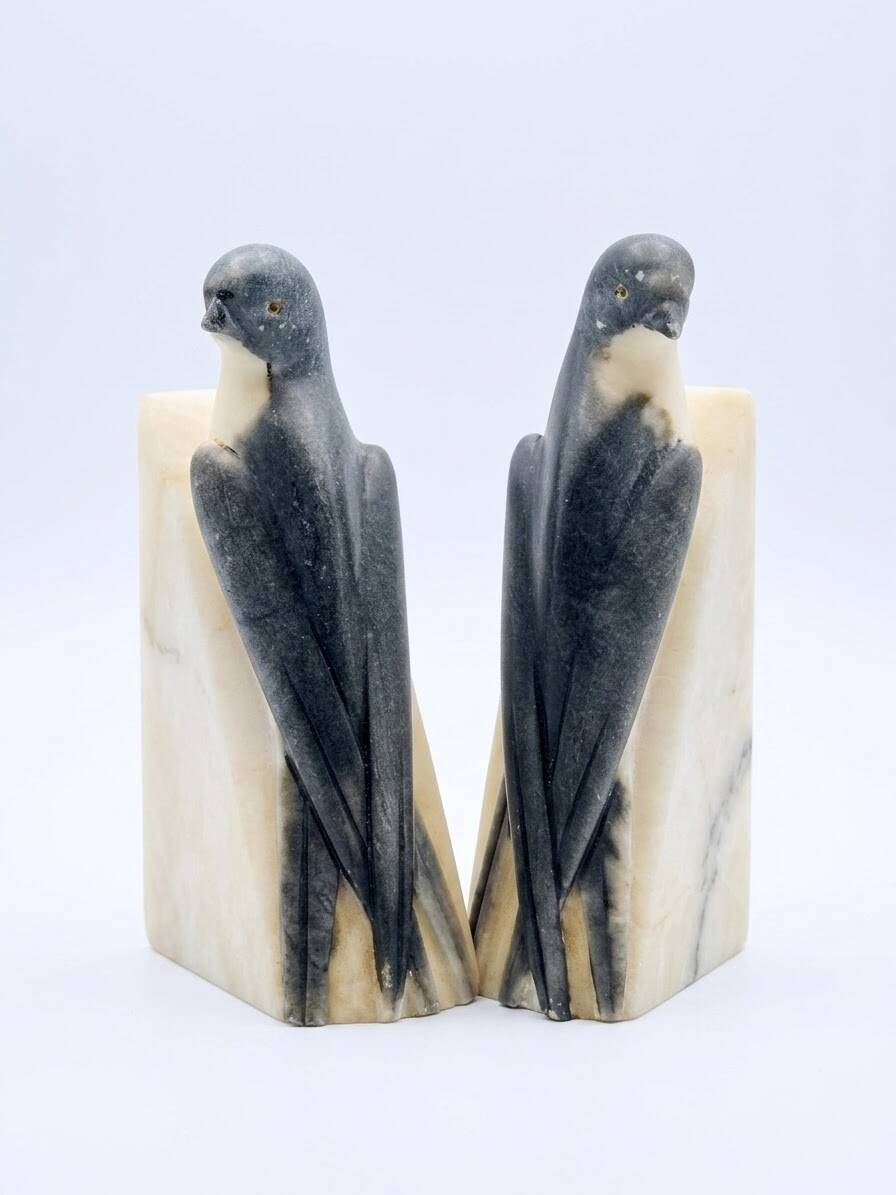 Bookends BIRDS Art Deco Alabaster Marble Vintage Italian Sculpture