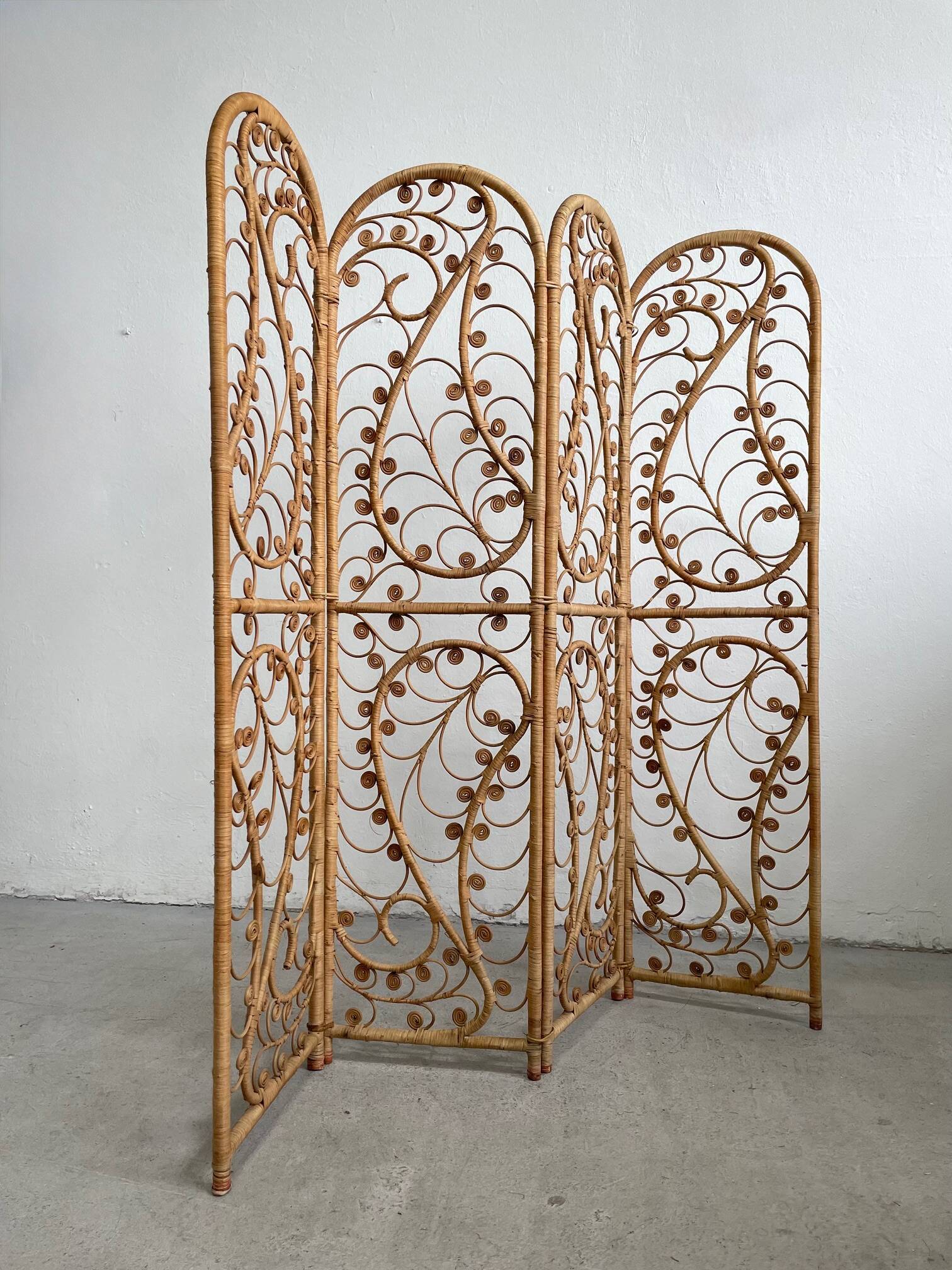 Vintage Four-part Rattan Peacock Screen, Room Divider, 1950s
