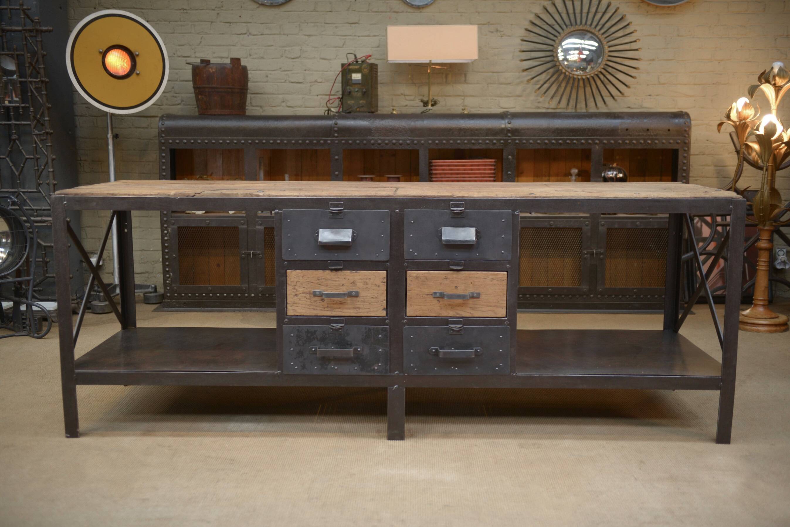 Industrial sideboard from metal and wood factory 1950
