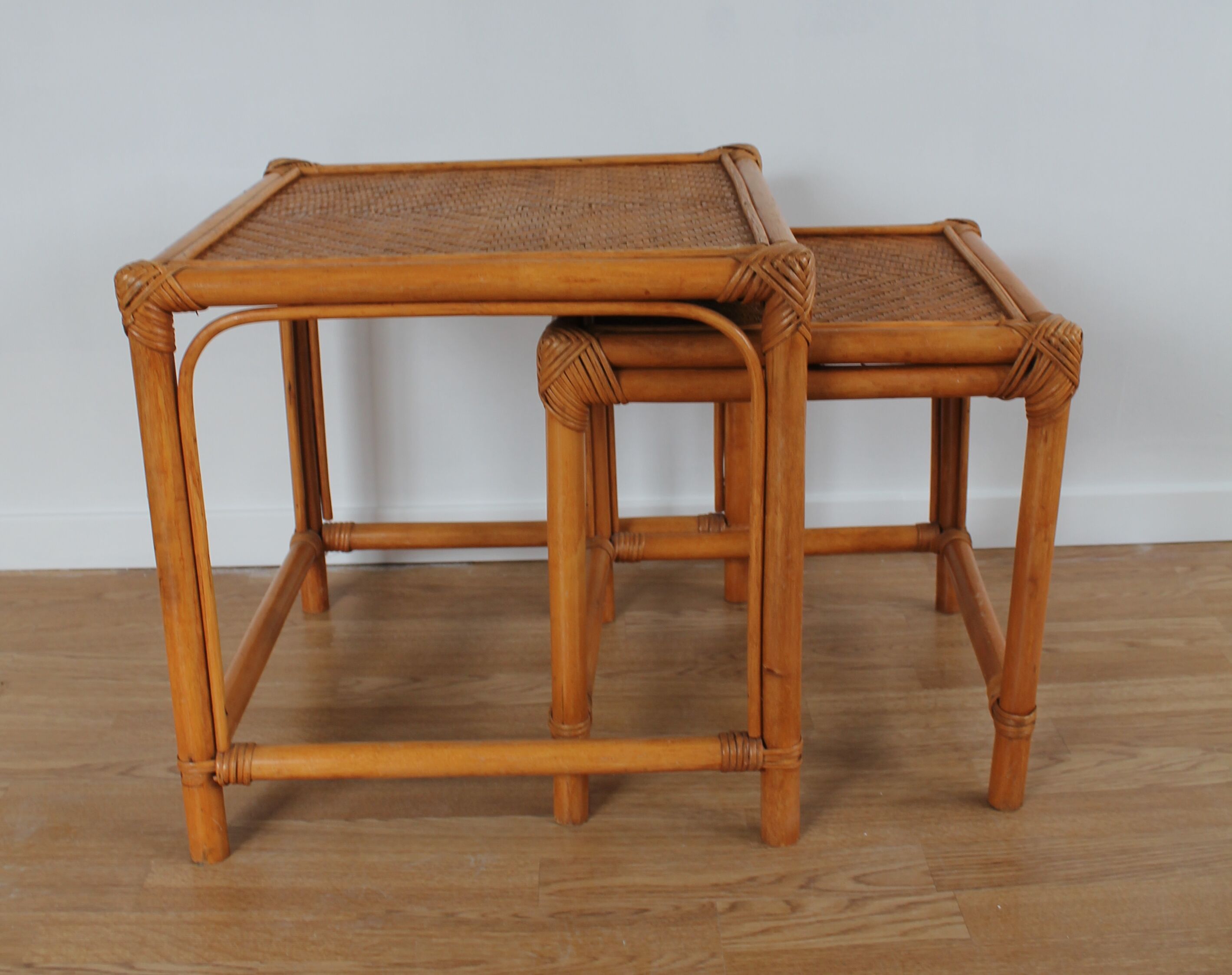 Pair of 70's vintage rattan tables